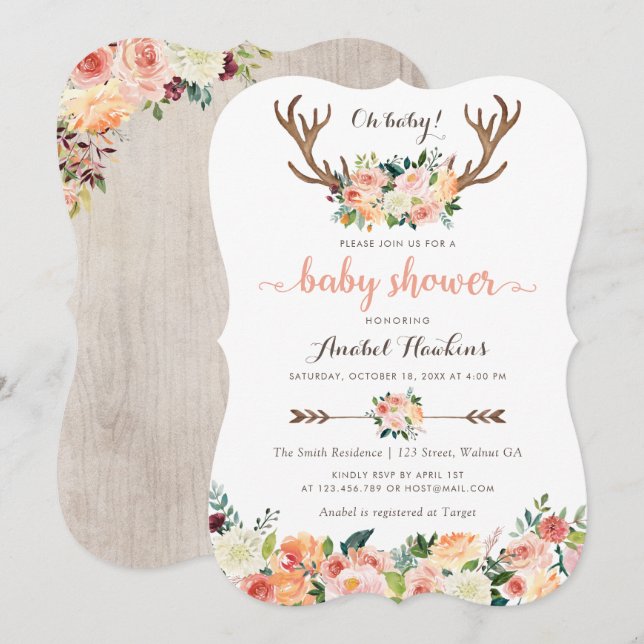 Invitación Floral Boho Antler Rubor Peach Arrows Baby (Anverso / Reverso)