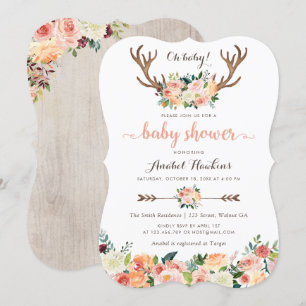 Invitación Floral Boho Antler Rubor Peach Arrows Baby