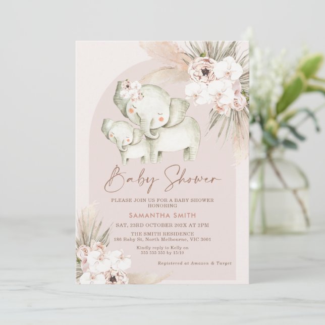 Invitación Floral Boho Arch Elephant Calf Baby Shower (Anverso de pie)