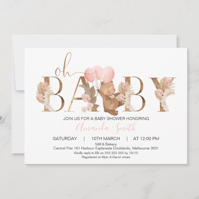 Invitación Floral Boho Bear Globos Word Baby Shower (Anverso)