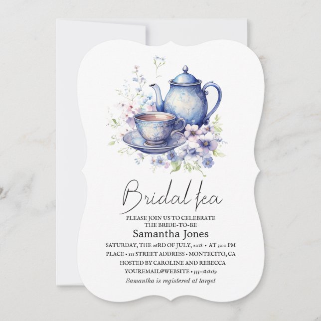 Invitación Floral Boho Blue Tea Pot Fiesta Bridal Shower (Anverso)