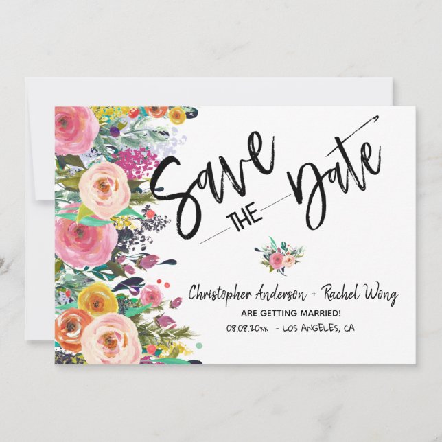Invitación Floral Boho Boda Script Photo Save the Date (Anverso)