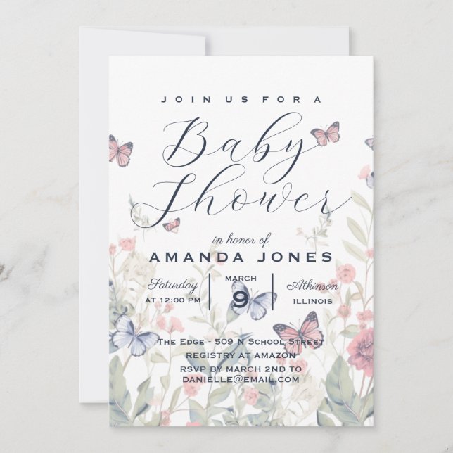 Invitación Floral Boho Botanical Butterfly Baby Shower (Anverso)