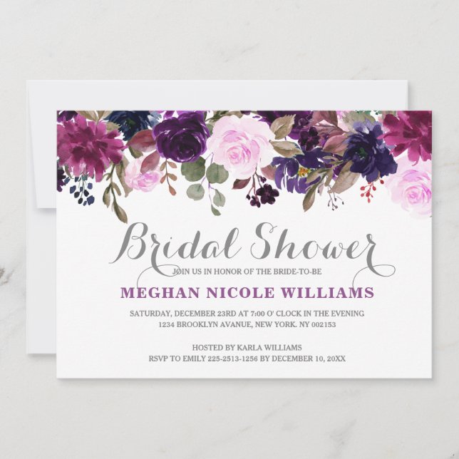 Invitación Floral Boho Bridal Lavender Purple (Anverso)