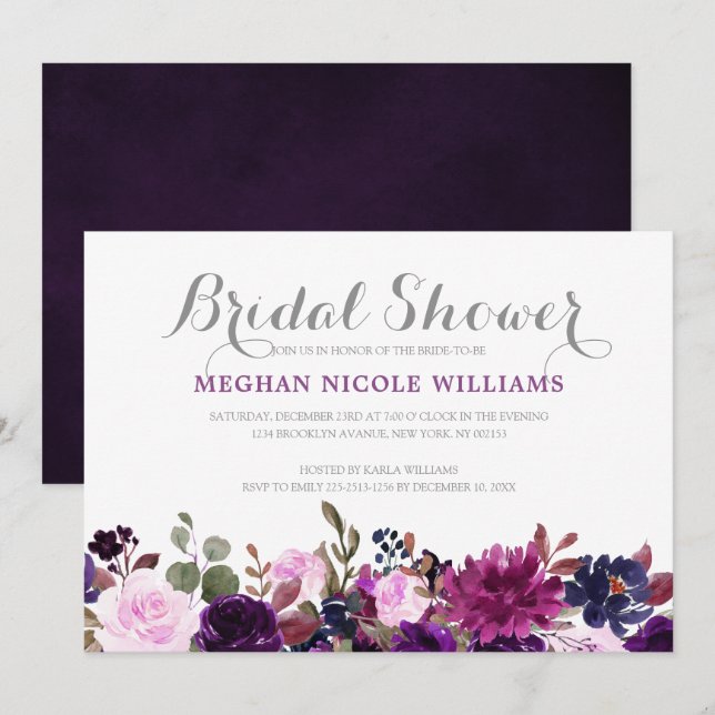 Invitación Floral Boho Bridal Lavender Purple (Anverso / Reverso)