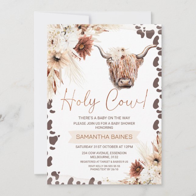 Invitación Floral Boho Brown Holy Cow Highland Baby Shower (Anverso)