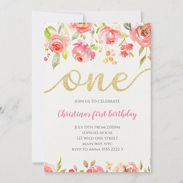 Invitación Floral Boho Calligraphy Baby Girl Primer cumpleaño (Anverso)