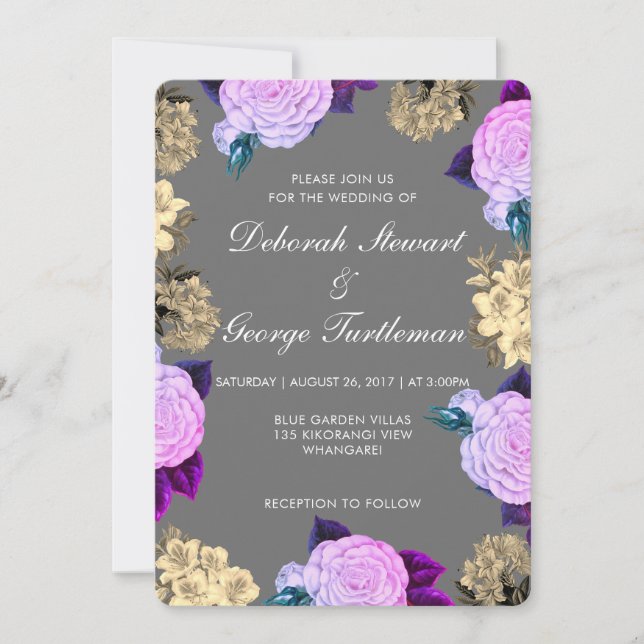 Invitación Floral Boho Carbón Gris Oscuro Violeta Malhumorado (Anverso)