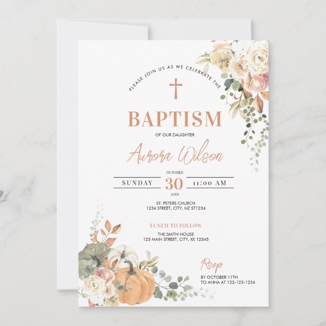 Invitación floral boho de otoño para bautizo con c (Anverso)