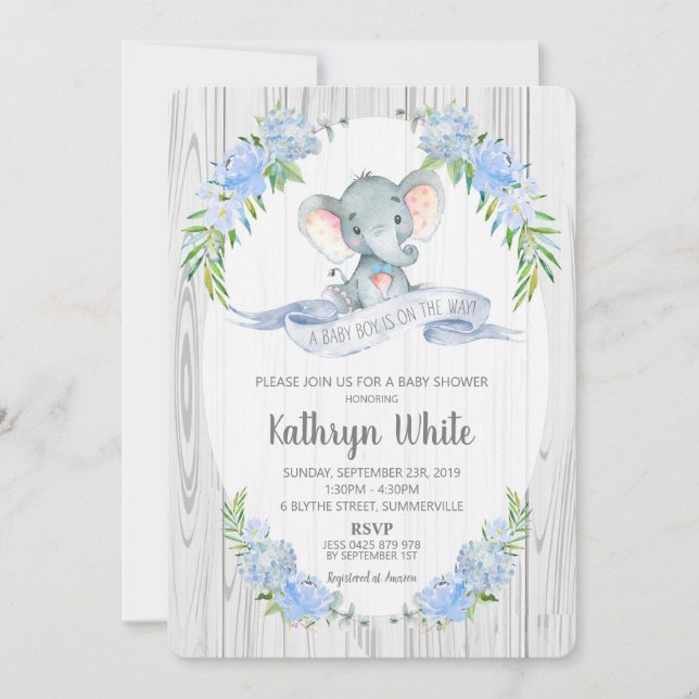 Invitación Floral Boho Elephant Baby Shower Invitation Boy (Anverso)