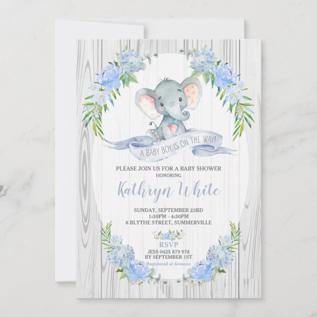 Invitación Floral Boho Elephant Baby Shower Invitation Boy (Anverso)
