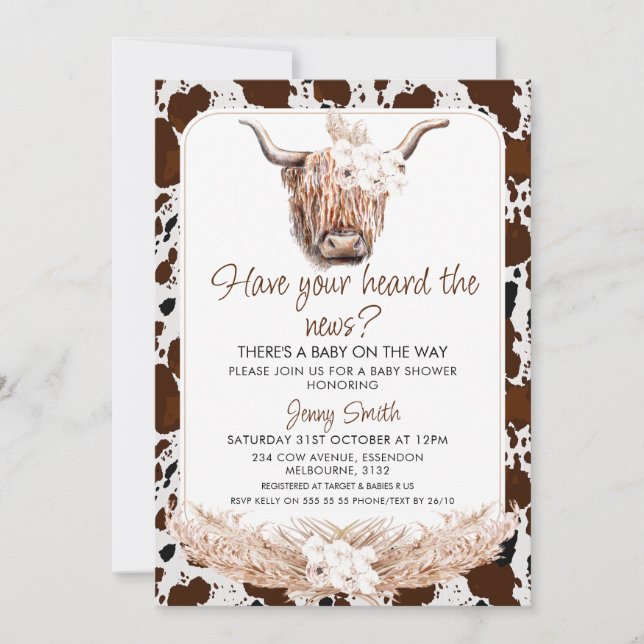Invitación Floral Boho Highland Cow Imprimir Baby Shower (Anverso)
