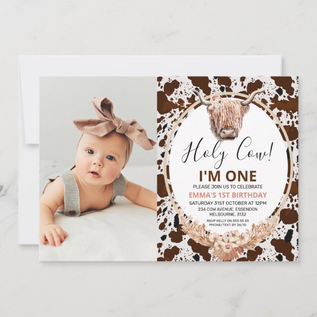 Invitación Floral Boho Highland Foto de impresión de vacas 1e (Anverso)