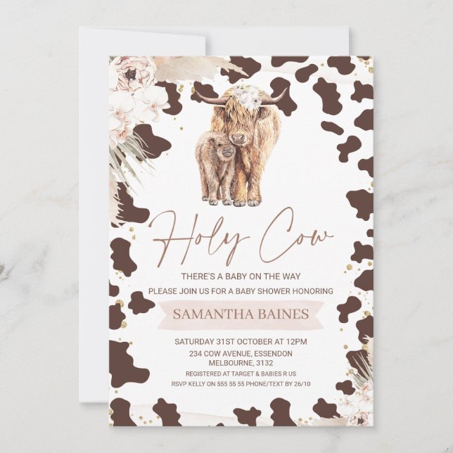 Invitación Floral Boho Holy Cow Highland Cow Baby Shower (Anverso)