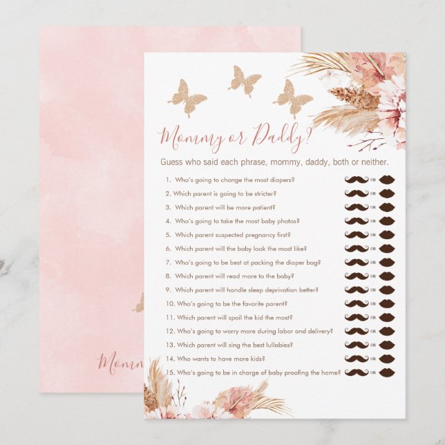 Invitación Floral Boho Mami o Daddy Baby Shower Game Card (Anverso / Reverso)