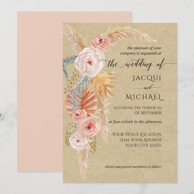 Invitación Floral BOHO Pampas Grasa Foliage Kraft Acuarela (Anverso / Reverso)