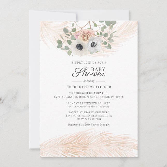 Invitación Floral Boho Pampas Grass Moderno Chica Baby Shower (Anverso)