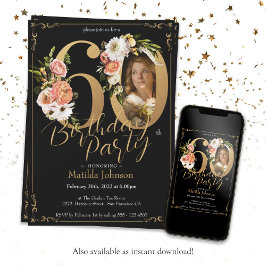 Invitación Floral Boho Personalizado Foto Black Gold 60 cumpl