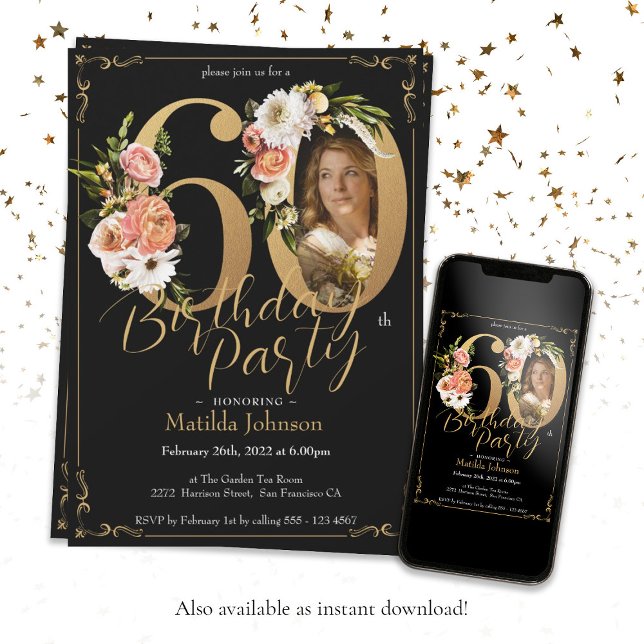 Invitación Floral Boho Personalizado Foto Black Gold 60 cumpl (Black Gold 60th Birthday Floral Boho Custom Photo Invitation)