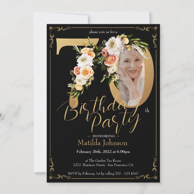 Invitación Floral Boho Personalizado Foto Black Gold 70 cumpl (Anverso)