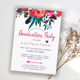 Invitación Floral boho rojo marina azul fiesta de graduación