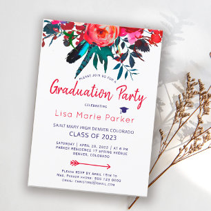 Invitación Floral boho rojo marina azul fiesta de graduación 