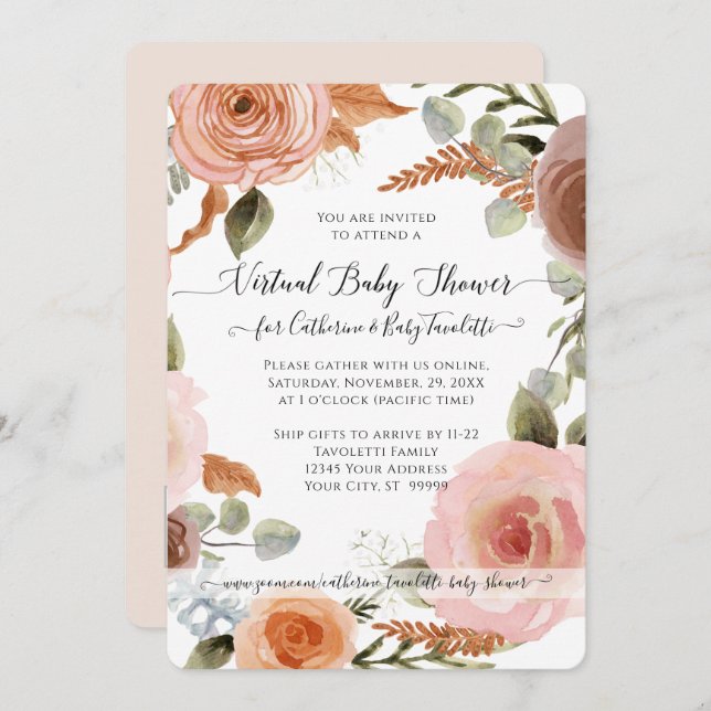 Invitación Floral Boho Rubor Earth Tone Baby Virtual Shower (Anverso / Reverso)
