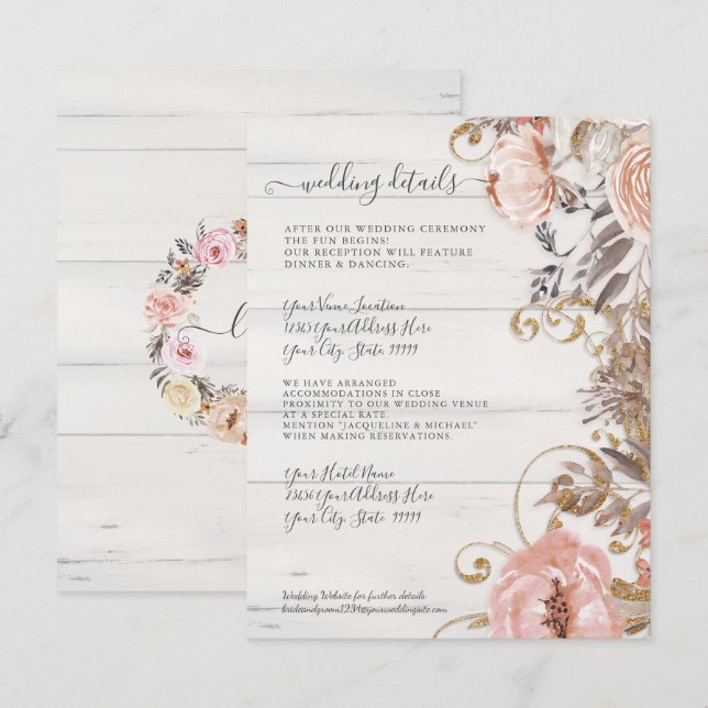 Invitación Floral Boho Rubor Rosa Boda de la Madera Blanca (Anverso / Reverso)
