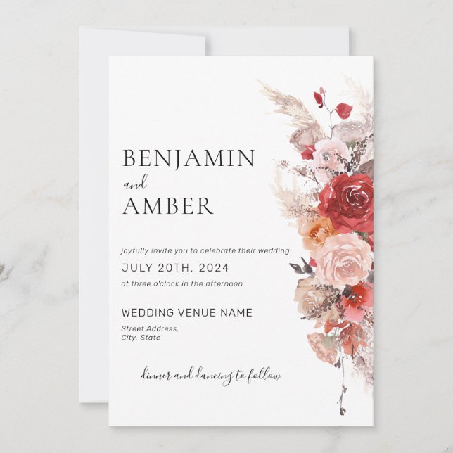 Invitación Floral Boho Rust Naranja Borgoña Boda (Anverso)