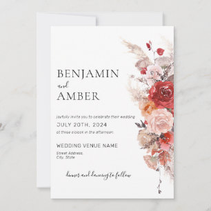 Invitación Floral Boho Rust Naranja Borgoña Boda