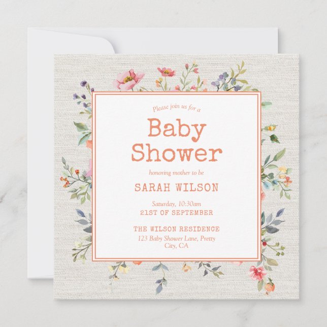 Invitación Floral Boho Rustic BotanSquare Baby Shower (Anverso)
