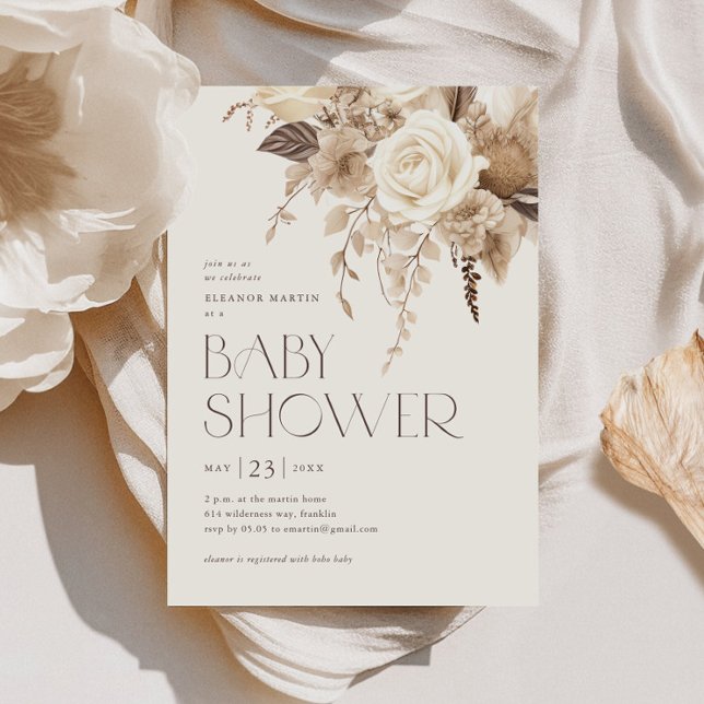 Invitación Floral Boho Sexo Neutral Baby Shower (Elegant typography floral boho gender neutral baby shower invitations.)