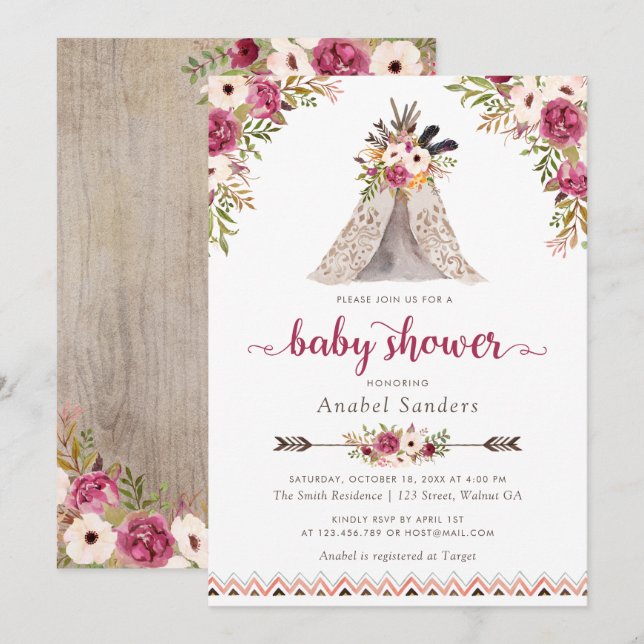 Invitación Floral Boho Teepee Moda tras Baby Shower tribal (Anverso / Reverso)
