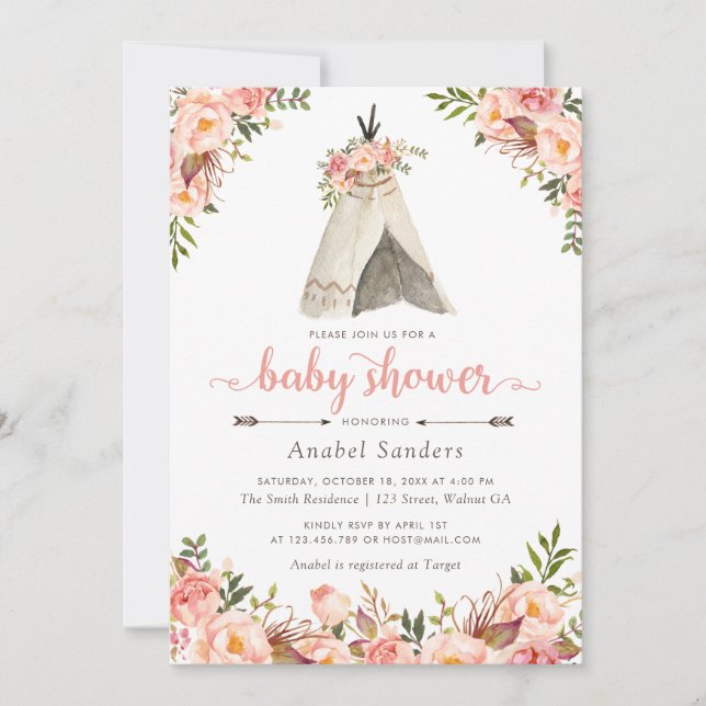 Invitación Floral Boho Teepee Moda tras Baby Shower tribal (Anverso)