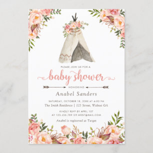 Invitación Floral Boho Teepee Moda tras Baby Shower tribal