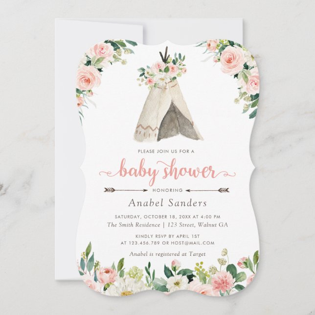 Invitación Floral Boho Teepee Moda tras Baby Shower tribal (Anverso)