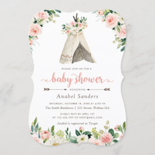 Invitación Floral Boho Teepee Moda tras Baby Shower tribal