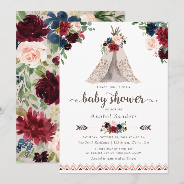 Invitación Floral Boho Tepee Navy arresta a Baby Shower triba (Anverso / Reverso)