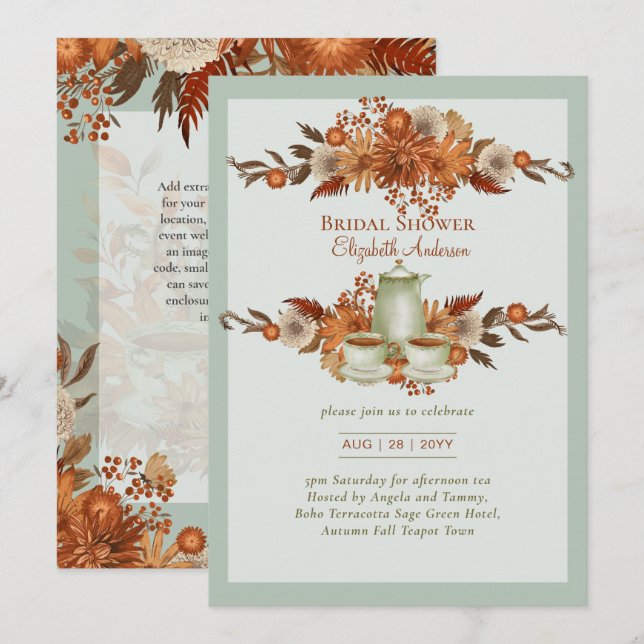Invitación Floral Boho Terracotta Sage Tea Fiesta (Anverso / Reverso)