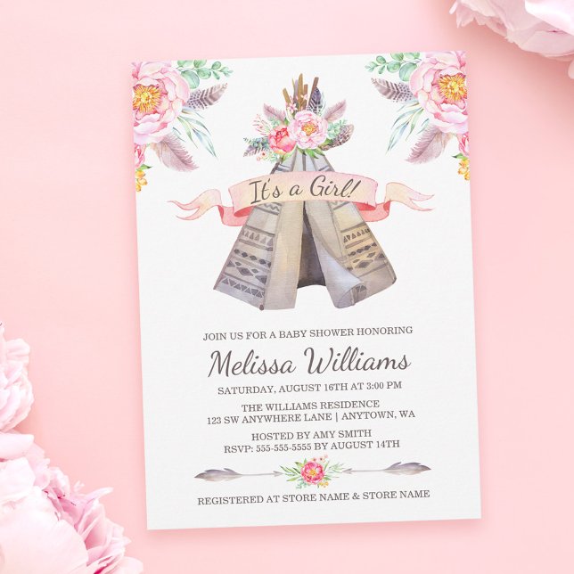 Invitación Floral Boho Tribal Teepee Chica Baby Shower (Subido por el creador)