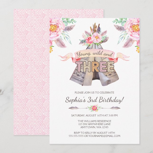 Invitación Floral Boho Tribal Teepee Jóven salvaje tercer cum (Anverso / Reverso)