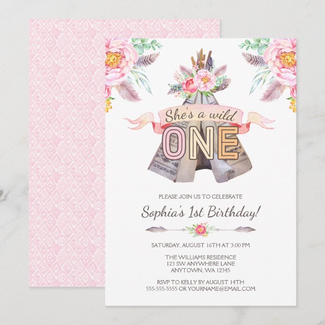 Invitación Floral Boho Tribal Teepee Wild One First Birthday (Anverso / Reverso)