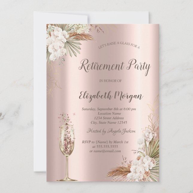 Invitación Floral Boho, Vidrio de Champagne, Jubilación de Or (Anverso)