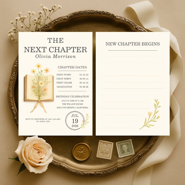 Invitación Floral Books Next Chapter Begins Birthday Party (Subido por el creador)