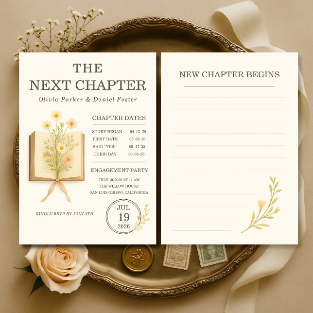 Invitación Floral Books Next Chapter Begins Engagement Party (Subido por el creador)