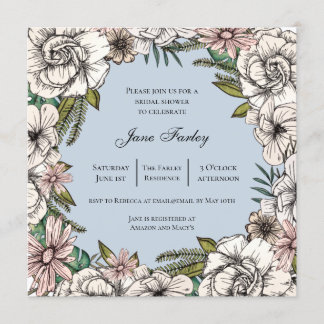 Invitación Floral Border Bridal Shower con flores neutras