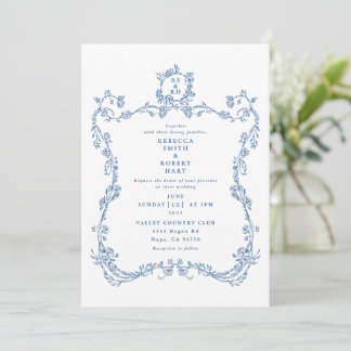 Invitación Floral Border French Toile Blue Invitation 01