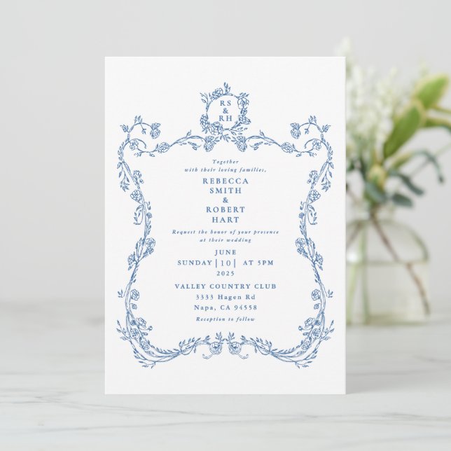 Invitación Floral Border French Toile Blue Invitation 01 (Anverso de pie)