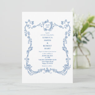 Invitación Floral Border French Toile Blue Invitation 02
