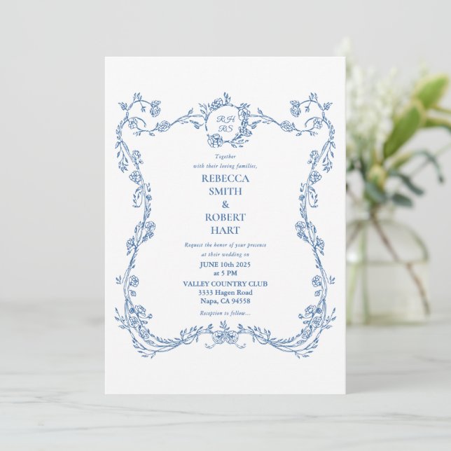 Invitación Floral Border French Toile Blue Invitation 02 (Anverso de pie)